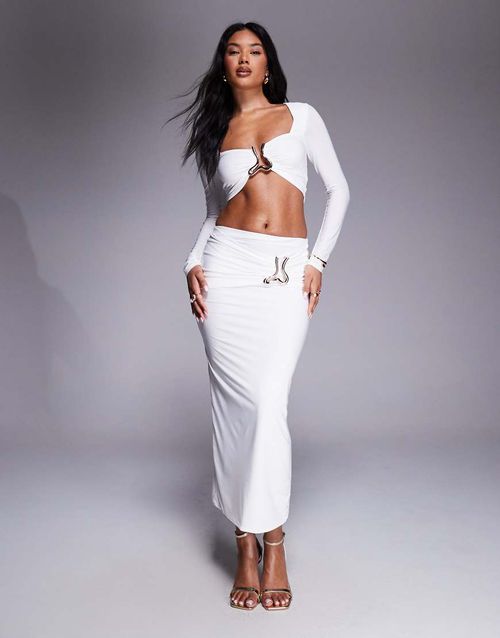 Wavy trim ruched midi skirt co-ord in white