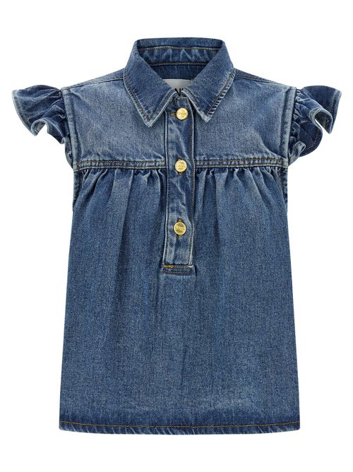 Denim Ruffle Blouse — Blue
