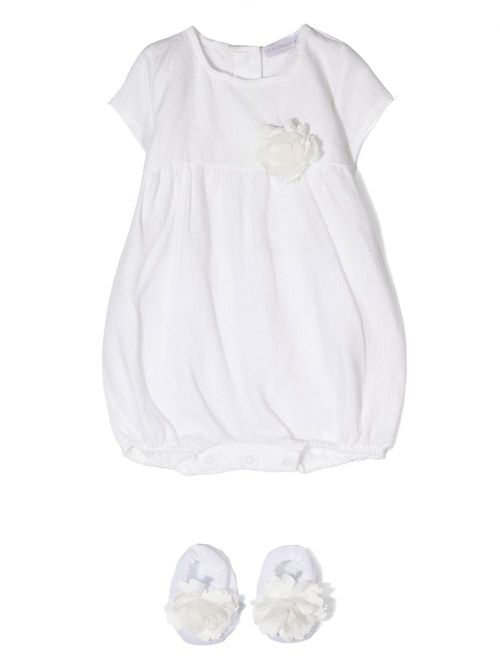 Floral-appliqué short-sleeved dress - White
