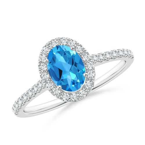 Angara 0.95 Carat Prong-Set Oval Swiss Blue Topaz Halo Ring with Diamond Accents in Platinum