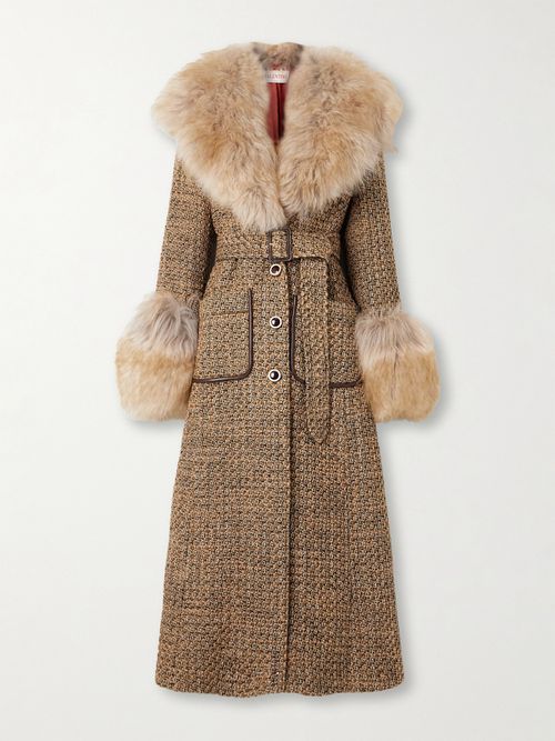 Faux Fur-trimmed Belted Wool-blend Tweed Coat - Brown