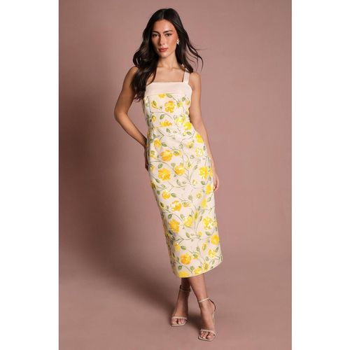 Coast Muse Sequin Floral Pencil Dress In Yellow
