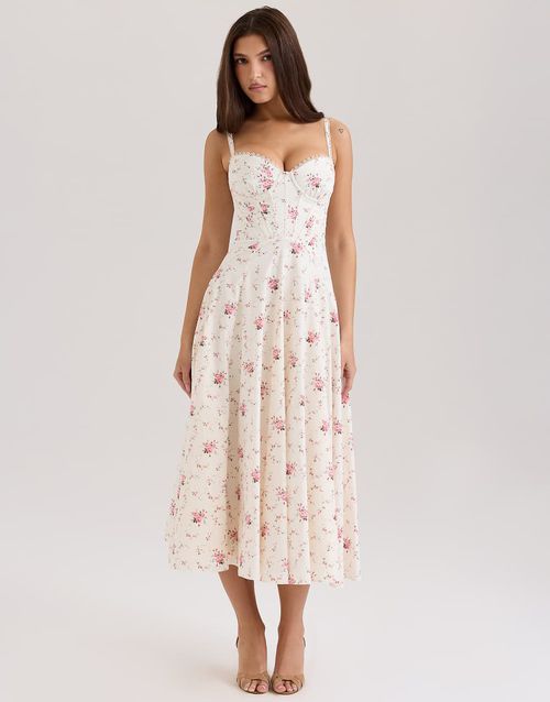 Steffani stretch cotton midi sundress in white rose print