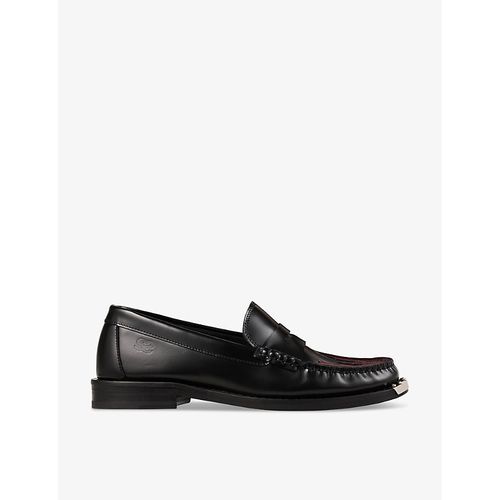 Womens Noir / Gris Embroidered Slip-on Leather Loafers