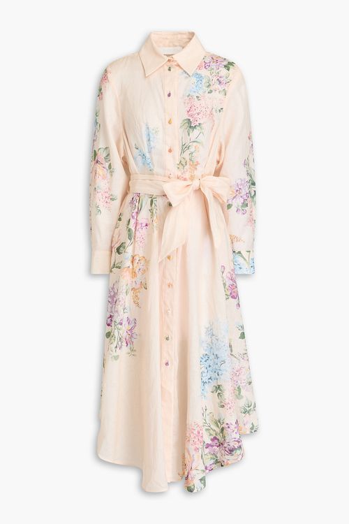 Pleated floral-print linen midi shirt dress - Pink - 0