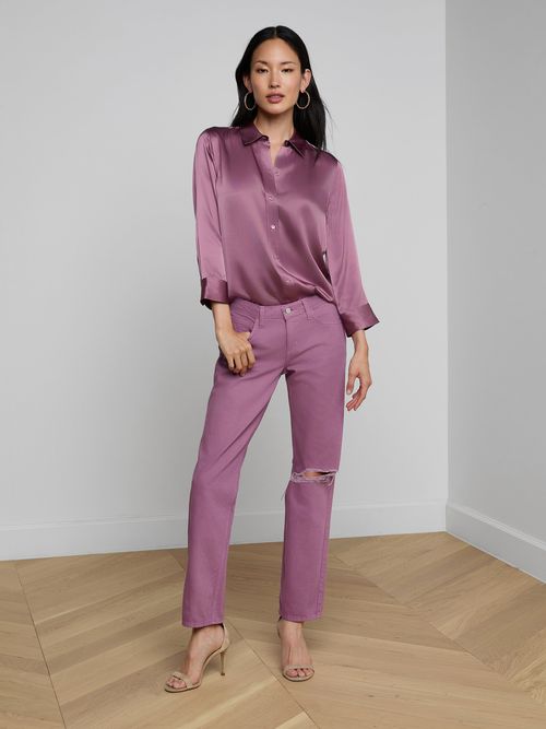 Nevia Slouchy Straight-Leg Jean In Dusky Orchid Destruct