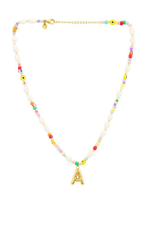Petit moments Beaded Pearl Bubble Initial Necklace in Pink,Metallic Gold. A. Also in B, C, D, E, F, G, H, J, K, L, M, N, O, P, R, S, T