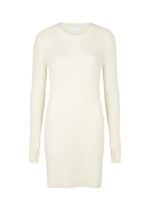 Bead-embellished Ribbed Cotton-blend Dress