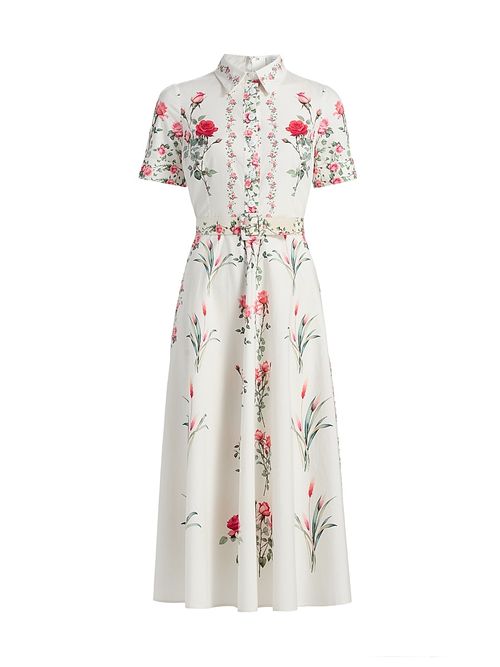 Women's Floral Shirtwaist Belted Cocktail Midi-Dress - White Mult