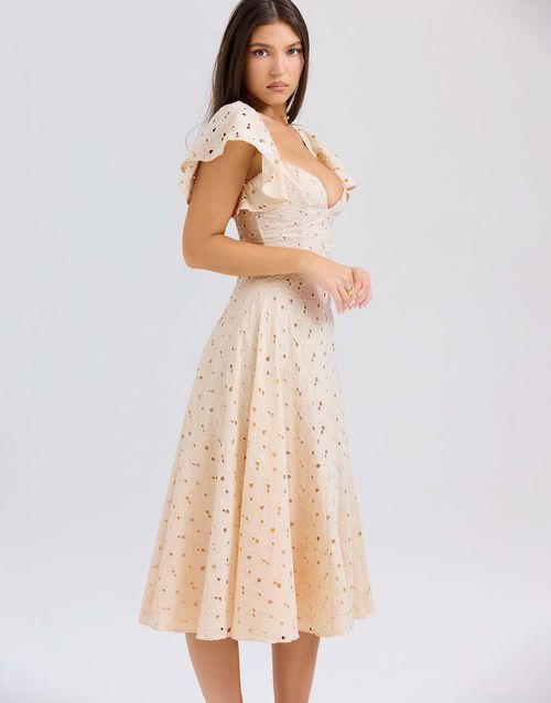 Amaya tea broderie anglais midi dress in cream-White