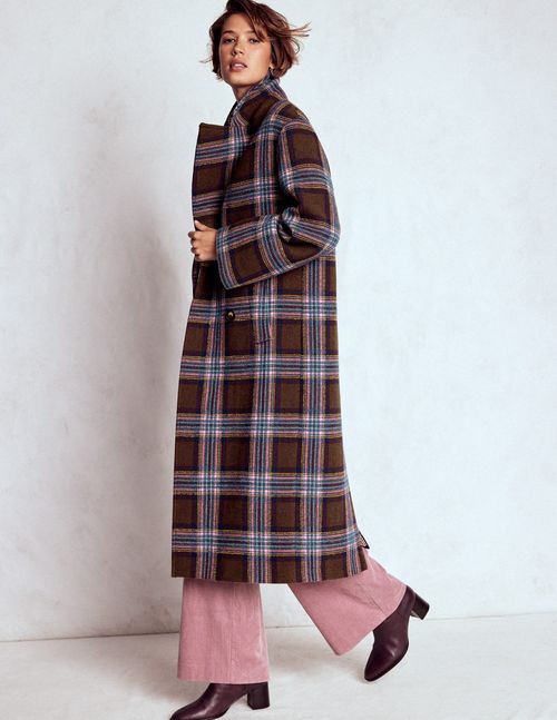 Cocoon Wool Coat Brown, Teal and Pink Check