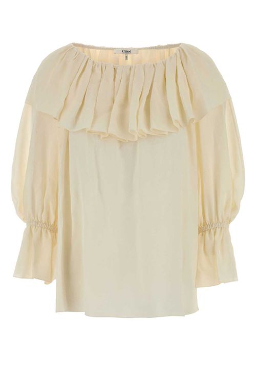 Ruffled Off-Shoulder Silk Blouse — Cream