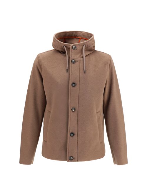 Hooded Button-Front Jacket — Brown
