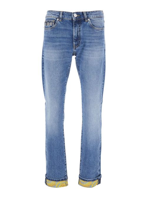 Blue Jeans With Metallic Medusa Head Detail On The Front And Turned Hem In Denim Man