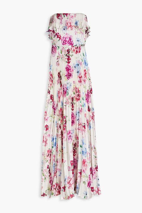 Strapless pleated floral-print hammered-satin maxi dress - Multicolor - US 10