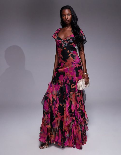 Flutter sleeve maxi dress with ruffle godets in dark floral print-Multi