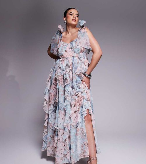 ASOS LUXE | ASOS LUXE Curve maxi dress with waterfall ruffles and tie  straps in lace floral print-Green | Realry