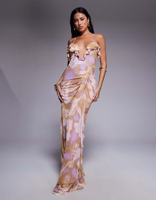 Printed mesh ruffle maxi dress with ruched detail in blurred floral print-Multi