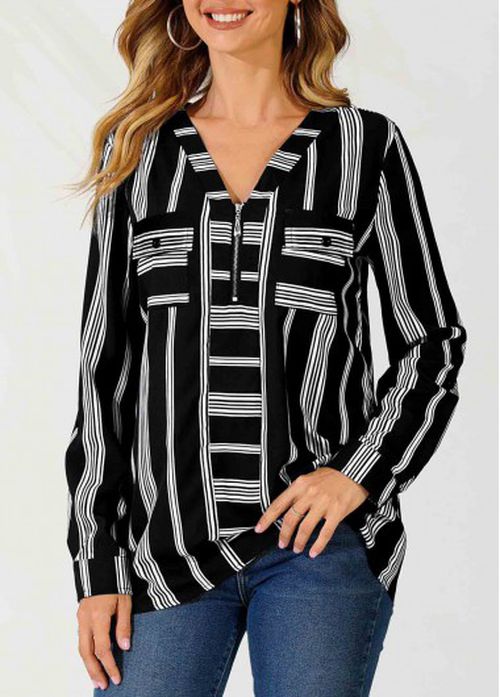 Modlily Striped Color Block V Neck Zipper Detail Blouse