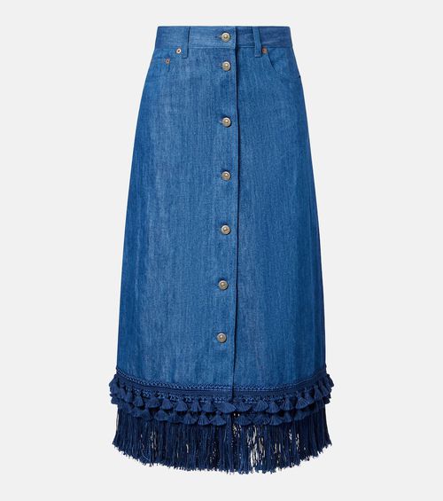 Fringed denim midi skirt