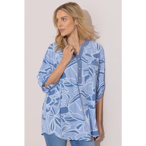 Klass. Women's Embellished Printed Relaxed Fit Cotton Top in Blue