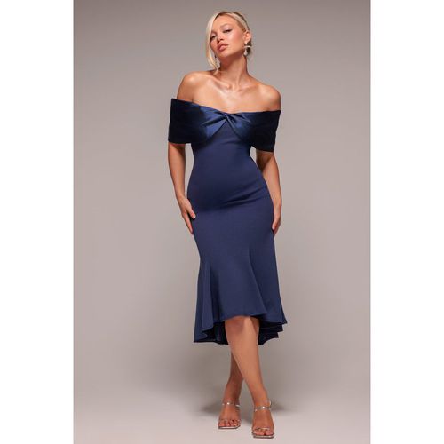 Goddiva Twist Knot Satin & Scuba Bardot High Low Midi Dress - Navy Blue