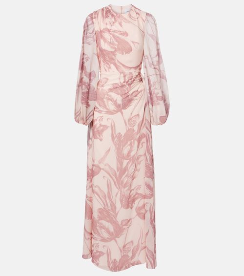 Draped floral silk voile gown