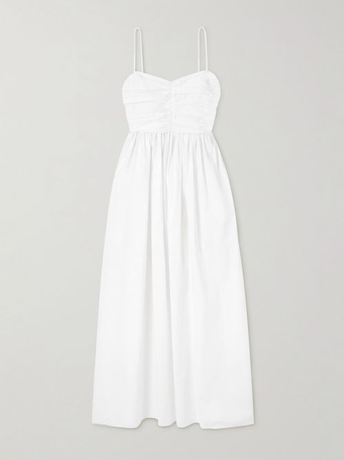 Gathered Organic Cotton-poplin Midi Dress - White