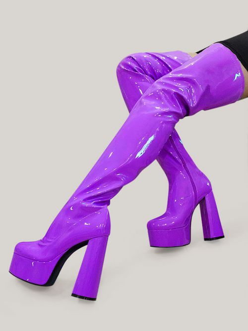 Purple Thigh High Boots Sexy Platform Block Heel Over The Knee Boot