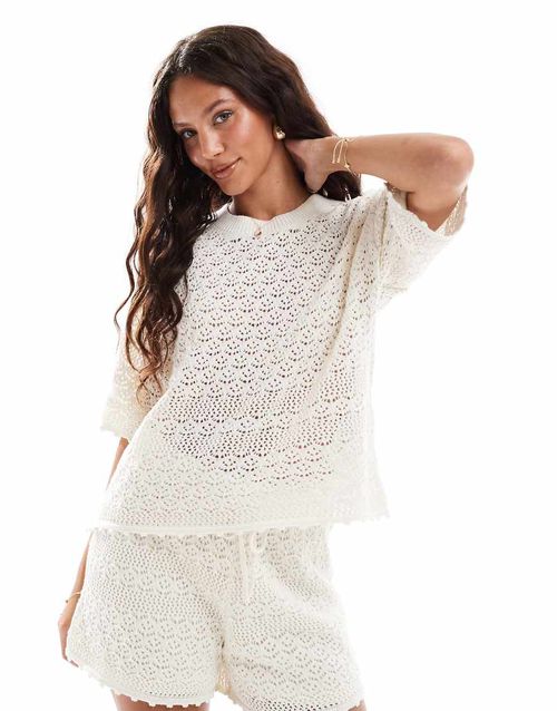 Vero Moda crochet boxy tee co-ord in birch cream-White