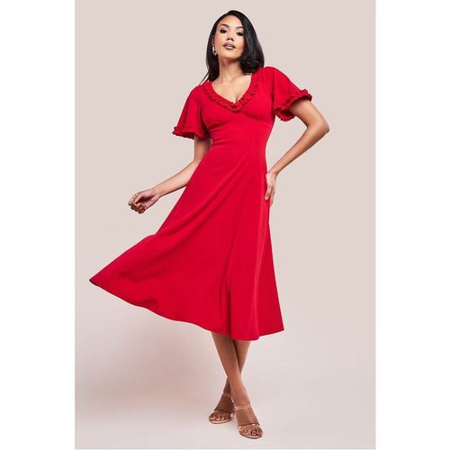Goddiva Flare Sleeve Frill Edge Midi Dress - Red