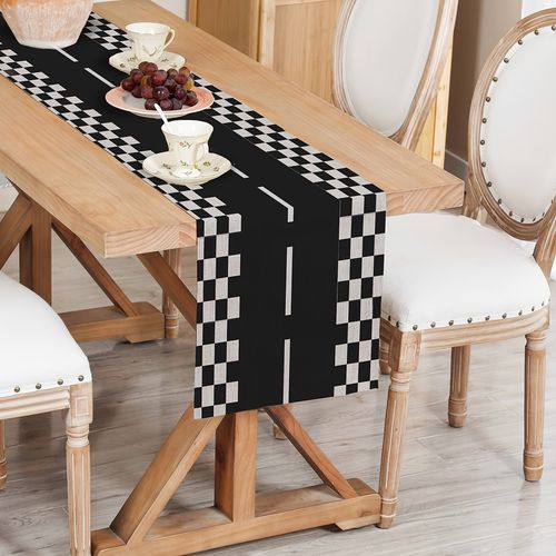 TEMU Racing Table Runner, Polyester, Rectangular Woven Tabletop Decor, Stylish Checkered Pattern, For Dining, Parties, And Outdoor Event