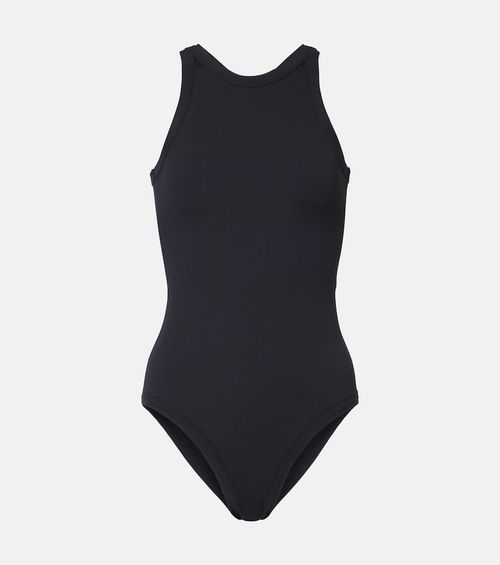Curved ribbed-knit jersey swimsuit