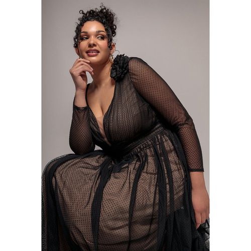 Goddiva Plus Corsage Dobby Mesh A-Line Maxi Dress - Black