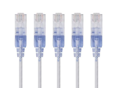Cat6A 10ft White 5-Pk Patch Cable, UTP, 30AWG, 10G, Pure Bare Copper, Snagless RJ45, SlimRun Series Ethernet Cable