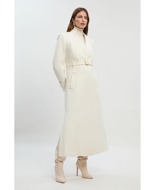 Women's Wool Notch Neck Belted Maxi Coat - Ivory