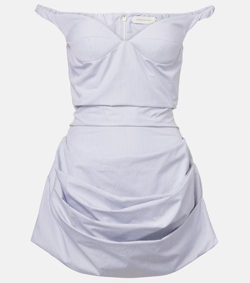 Striped draped cotton poplin bustier dress