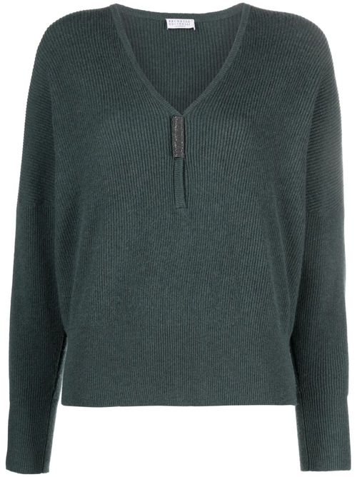 Monili-embellished V-neck cashmere jumper - Green