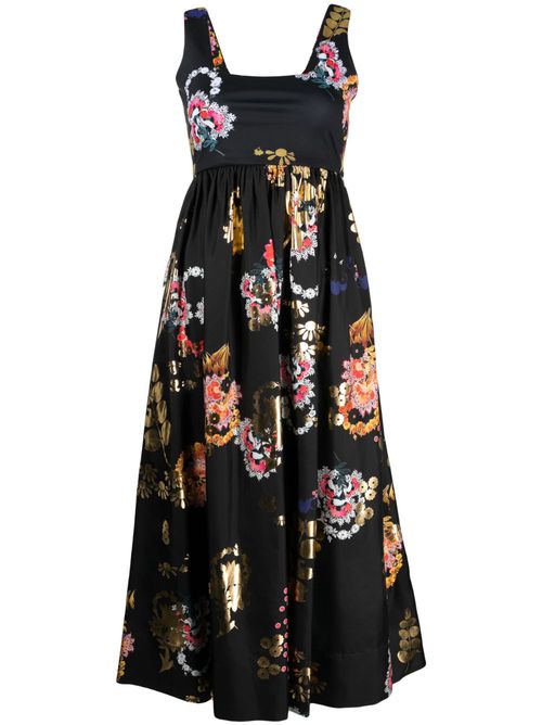Isla floral-print flared midi dress - Black