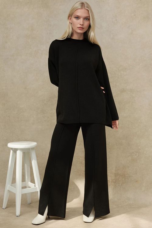 Black Long Sweater & High Waist Wide Leg Knit Co-ord Set Women