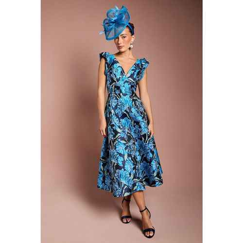 Coast Women's V Neck Floral Jacquard Midi Dress in Blue