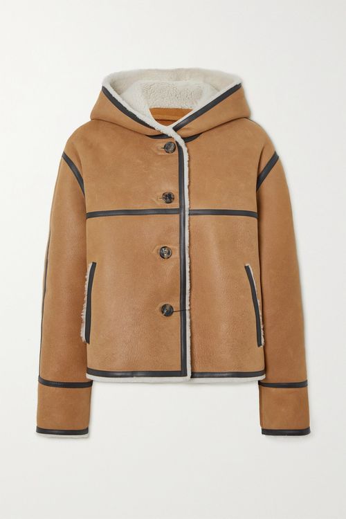 Hooded Leather-trimmed Shearling Jacket - Beige - FR38