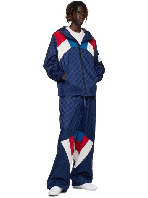 Checkerboard Colour-Blocked Hooded Track Jacket — Blue