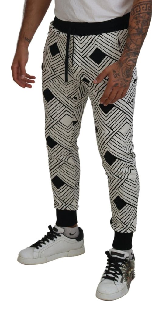 Geometric Print Cotton Joggers — White