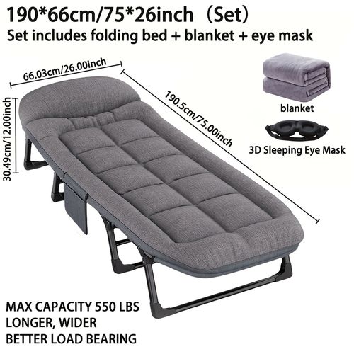 TEMU 1-person 6-speed Adjustable Folding Bed With Mattress & Pillow - Heavy-duty Portable Camping Cot, Thick , Free Blanket & Eye Mask - Manua