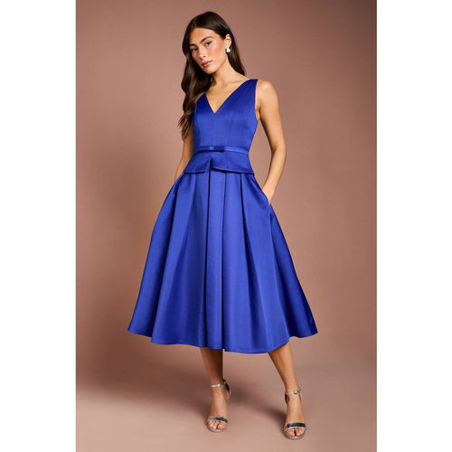 Coast Women's Structured Satin Pleated Peplum Midi Dress in Cobalt