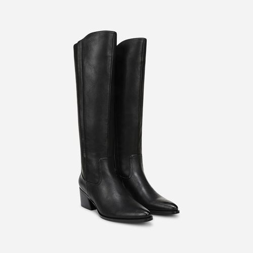 Golden Wide Calf Knee High Boots, Black Faux Leather