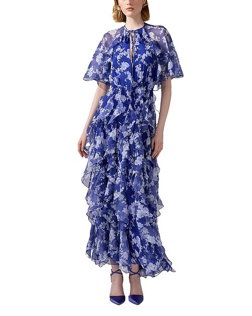 Silk Short Sleeve Tie Cape Ruffle Dress