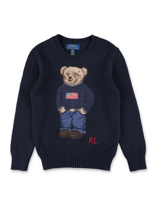 Boy's Chunky Cotton Knit Crew-Neck Sweater with Intarsia Polo Bear & RL Monogram