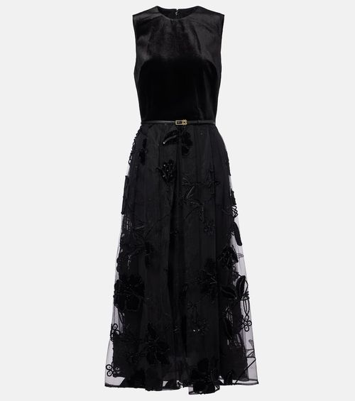 Embroidered tulle and velvet midi dress